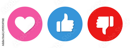 Like, dislike, thumbs up, thumbs down, heart social media feedback icons in red, blue and pink color, vector illustration.