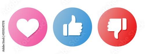 Like, dislike, thumbs up, thumbs down, heart social media feedback icons in red, blue and pink gradient style, vector illustration.