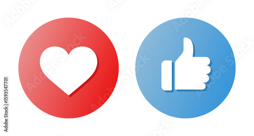 Heart, like, thumbs up social media feedback icons in red and blue gradient, vector illustration.