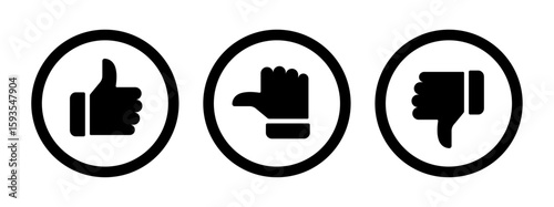 Like, dislike, neutral, thumbs up, thumbs middle, thumbs down hand gestures, feedback icons set, circle symbols in black color, vector illustration.