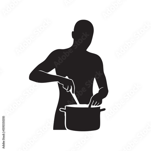 Man cooking in a pot silhouette isolated on white background