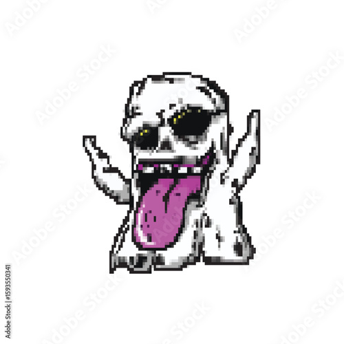 A playful pixel art ghost with a skull face, wearing sunglasses and sticking out a purple tongue. The ghost has raised arms and a mischievous, animated expression.