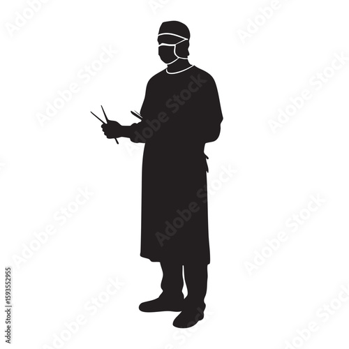 Surgeon holding medical instruments silhouette isolated on white background
