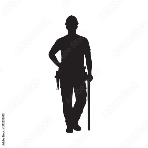 Silhouette of a construction worker holding a tool isolated on white background silhouette