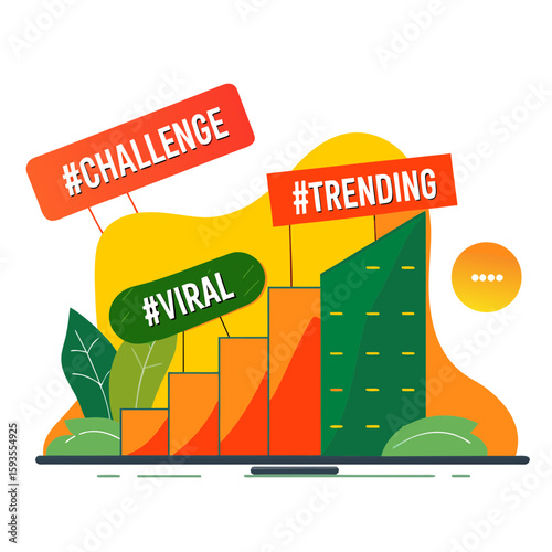 Colorful social media themed graphic featuring hashtags for trending challenges and viral content