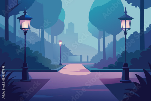 Tranquil park path illuminated by vintage lampposts at twilight