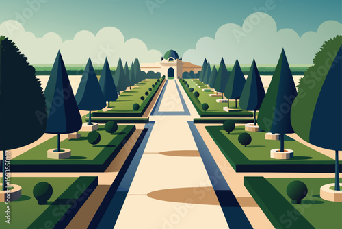 Formal garden path leading to a grand building with a dome