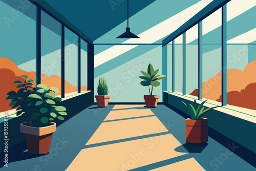Sunlit conservatory with potted plants and abstract outdoor scenery