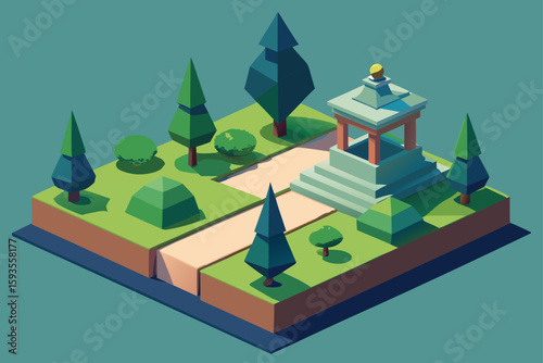 Isometric park scene with a gazebo and geometric trees