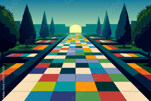 Geometric garden path with colorful squares and tall trees