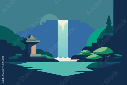 Serene waterfall landscape with geometric trees and ancient structure