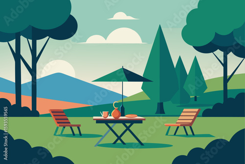 Peaceful outdoor seating area with mountain and tree scenery