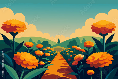 Vibrant orange flowers line a path through rolling green hills under a cloudy sky
