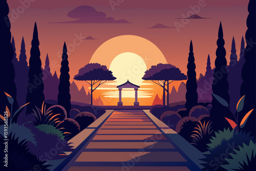 Path to gazebo at sunset with cypress trees