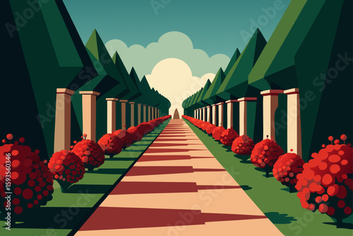 A symmetrical garden path lined with trees and red bushes