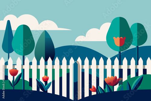 Stylized spring garden scene with picket fence and tulips