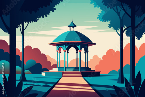 Serene gazebo in a stylized park landscape