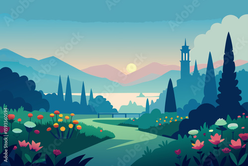 Serene landscape with flowers river and distant castle at sunrise