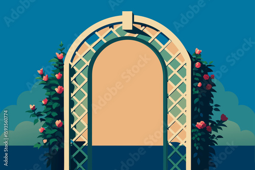 Archway adorned with roses under a clear blue sky