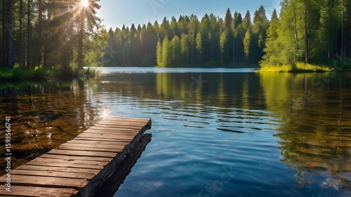 Beautiful Summer Landscape with Lake and Old Wooden Dock in Forest Under Sunny Blue Sky – Serene Scandinavian Nature Scene with Sun Rays and Peaceful Outdoor Vibes

