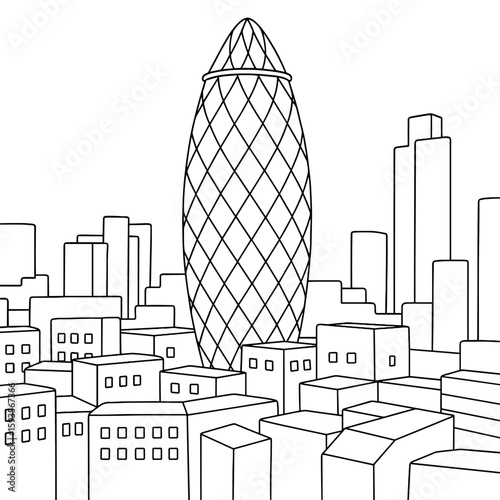 The gherkin london skyline coloring page for kids and adults to print