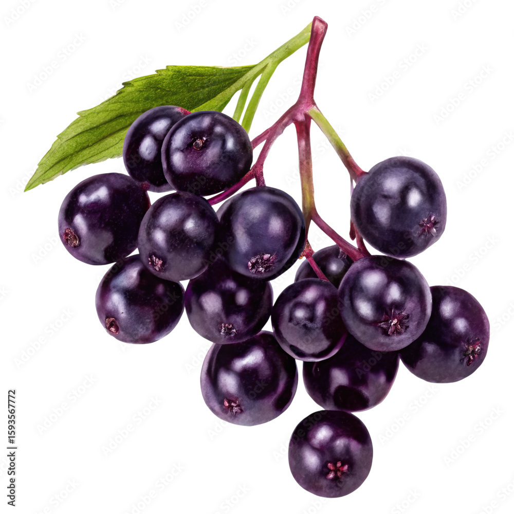 Elderberry berries and leaves for medicine concept. A vibrant cluster of ripe elderberries with green leaves. Elderberry berries and leaves for medicine concept. A vibrant cluster of ripe elderberries with green leaves.