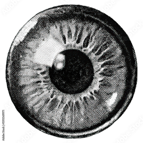 Eye isolated with retro halftone dots texture concept. Detailed close-up of a human eye showcasing intricate patterns.
