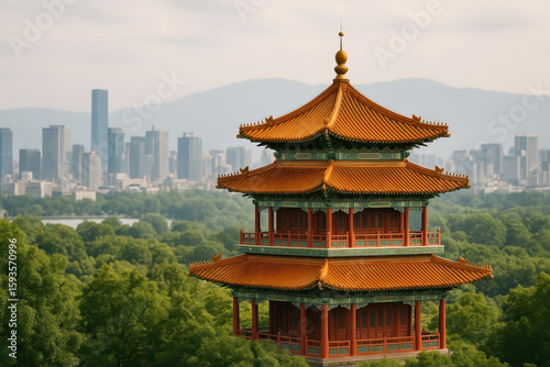 Traditional Asian Pagoda Tower Overlooking Urban City Skyline With Mountains In Background