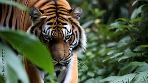 Bengal Tiger Camouflaged in Lush Tropical Greenery: A Closeup of Wildlife in Nature
