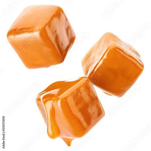 Salted caramel cubes floating in mid air concept. Delicious caramel cubes, perfect for desserts or sweet treats.