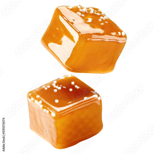 Salted caramel cubes floating in mid air concept. Delicious caramel cubes with a glossy finish and sprinkled salt.