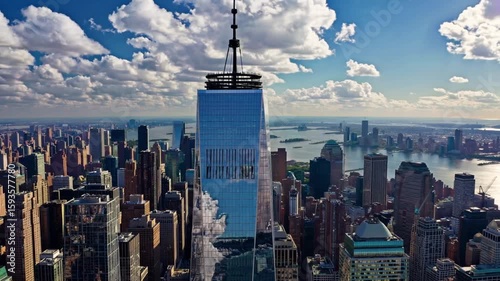 Aerial Lower Manhattan With Freedom Tower Reflecting The Clouds