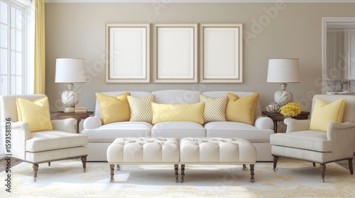 Beige living room with yellow accents