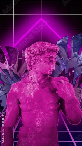 Glitching pink statue with neon geometric shapes and leaves in retro animation