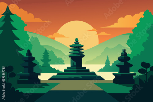 Serene balinese temple landscape at sunset