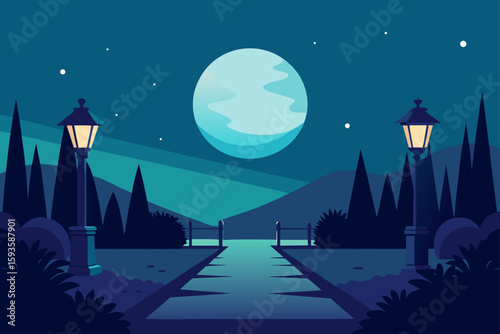 Serene nighttime park scene with full moon and lampposts