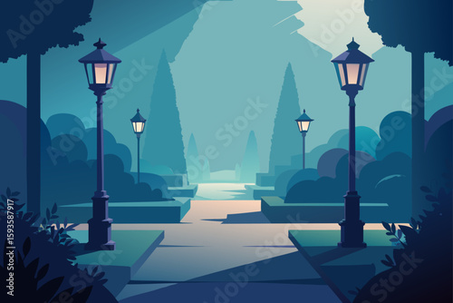 Tranquil park pathway illuminated by vintage lampposts at dusk