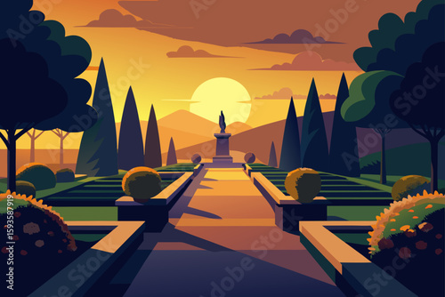 Serene garden pathway with statue at sunset
