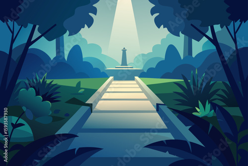 Path to a monument in a lush forest clearing