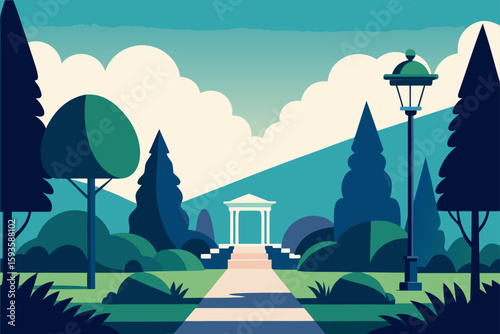 Serene park pathway leading to a classical gazebo with trees and clouds