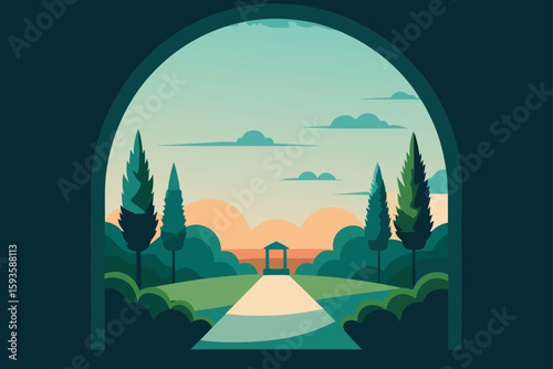 Serene garden path leads to gazebo under archway