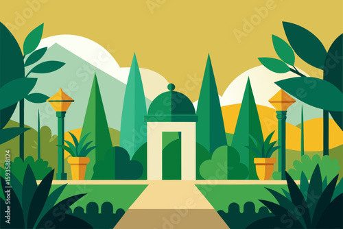 Stylized garden scene with gazebo and lampposts