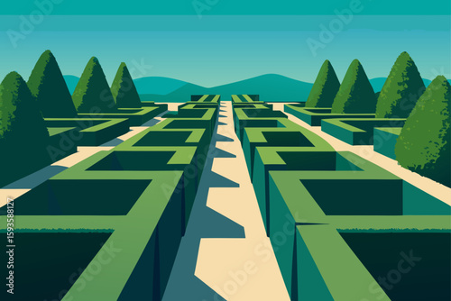 Geometric hedge maze with conical trees and distant hills