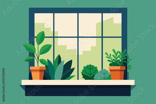 Potted plants on a windowsill with a view of a stylized building