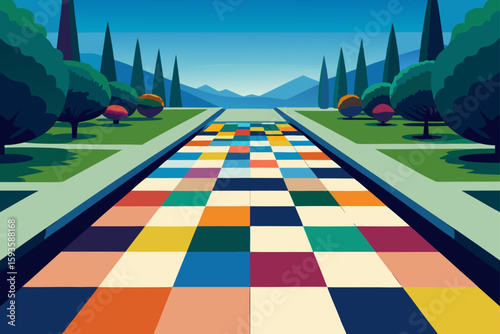 Vibrant geometric pathway through a stylized park with distant mountains