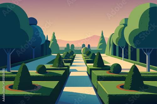 Geometric garden path with topiary and distant hills at sunset