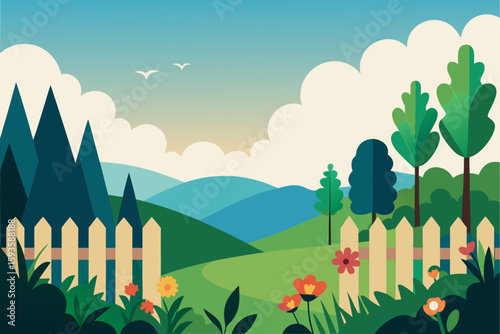 Idyllic summer landscape with rolling hills and a picket fence