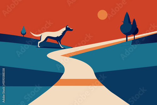 Dog walking on a winding path through a stylized landscape at sunset