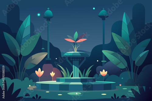 Enchanting night garden with futuristic fountain and glowing flora