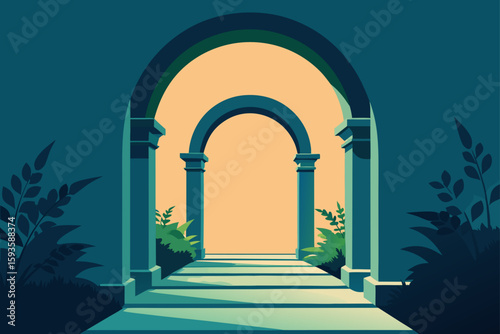 Serene archway with steps and lush greenery